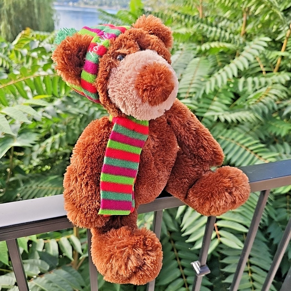 Fossil Brown Bear Green Striped Hat Scarf Plush Stuffed Animal Toy 13" CLEAN